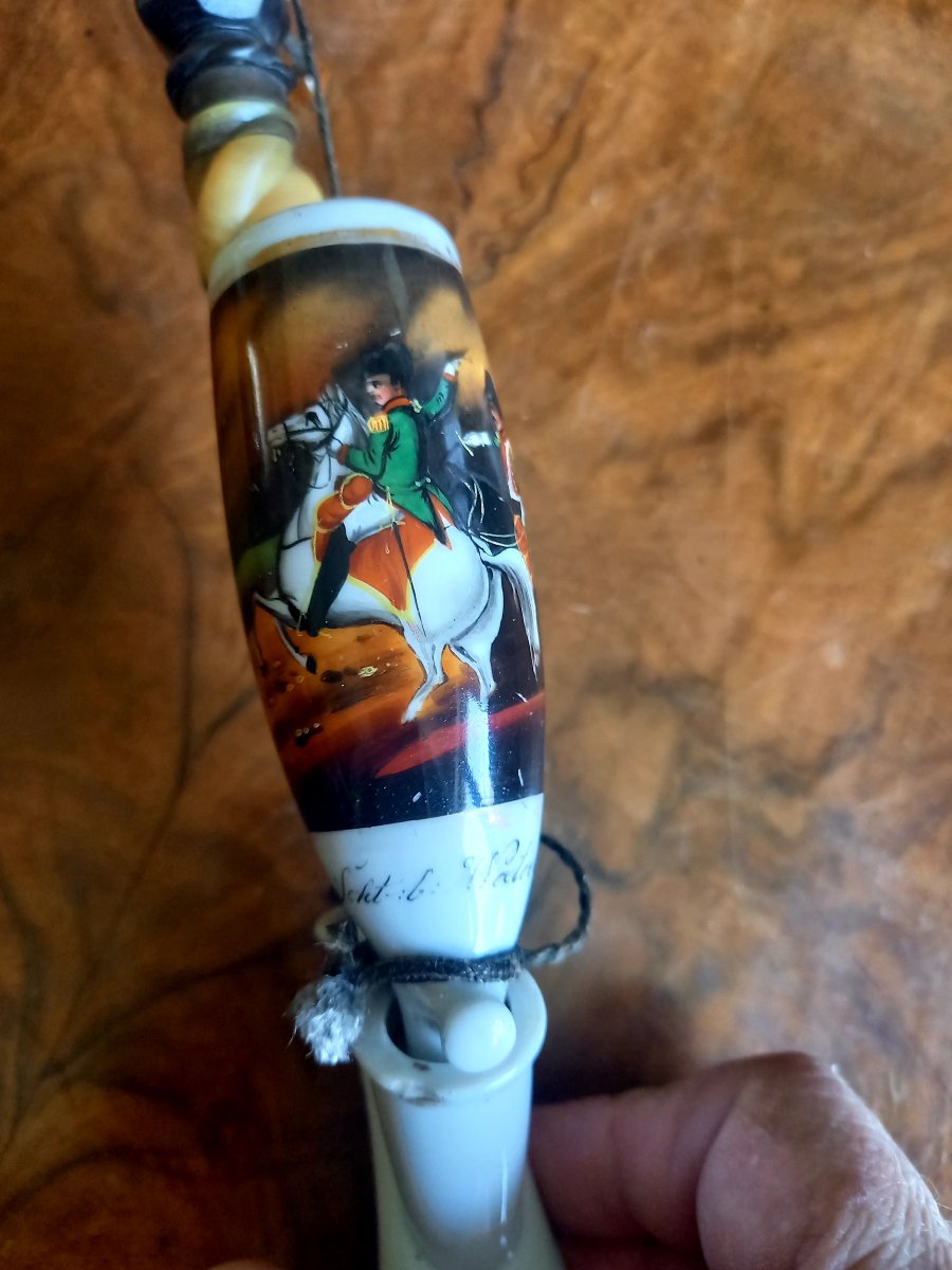 Allemagne fin XIXe.  Pipe de réserviste en porcelaine et corne . Waterloo-photo-3