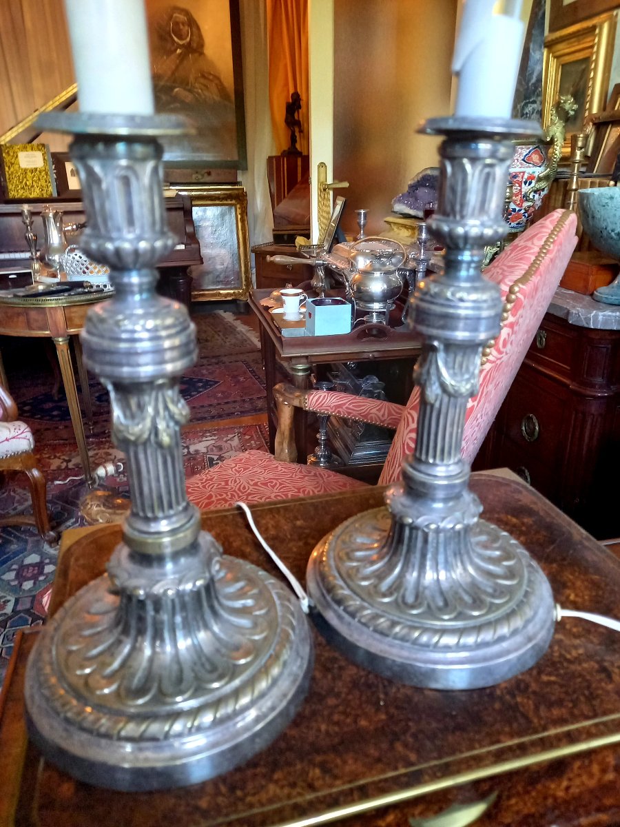 Pair Of Sturdy Louis XVI-style Silver-plated Candlesticks 