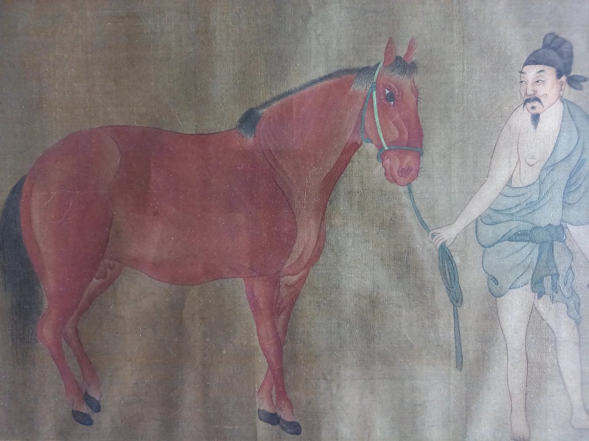 Peinture chinoise ancienne.  Cheval présenté par son palefrenier -photo-2