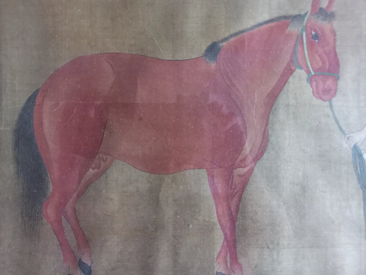 Peinture chinoise ancienne.  Cheval présenté par son palefrenier -photo-1