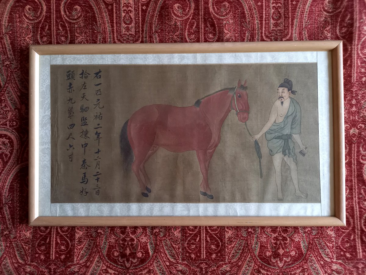 Peinture chinoise ancienne.  Cheval présenté par son palefrenier 