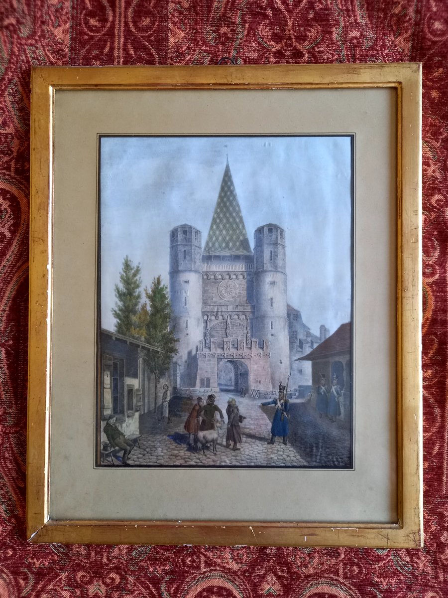 Vers 1850. Lithographie aquarellée.  Le Spalentor à Bale-photo-2