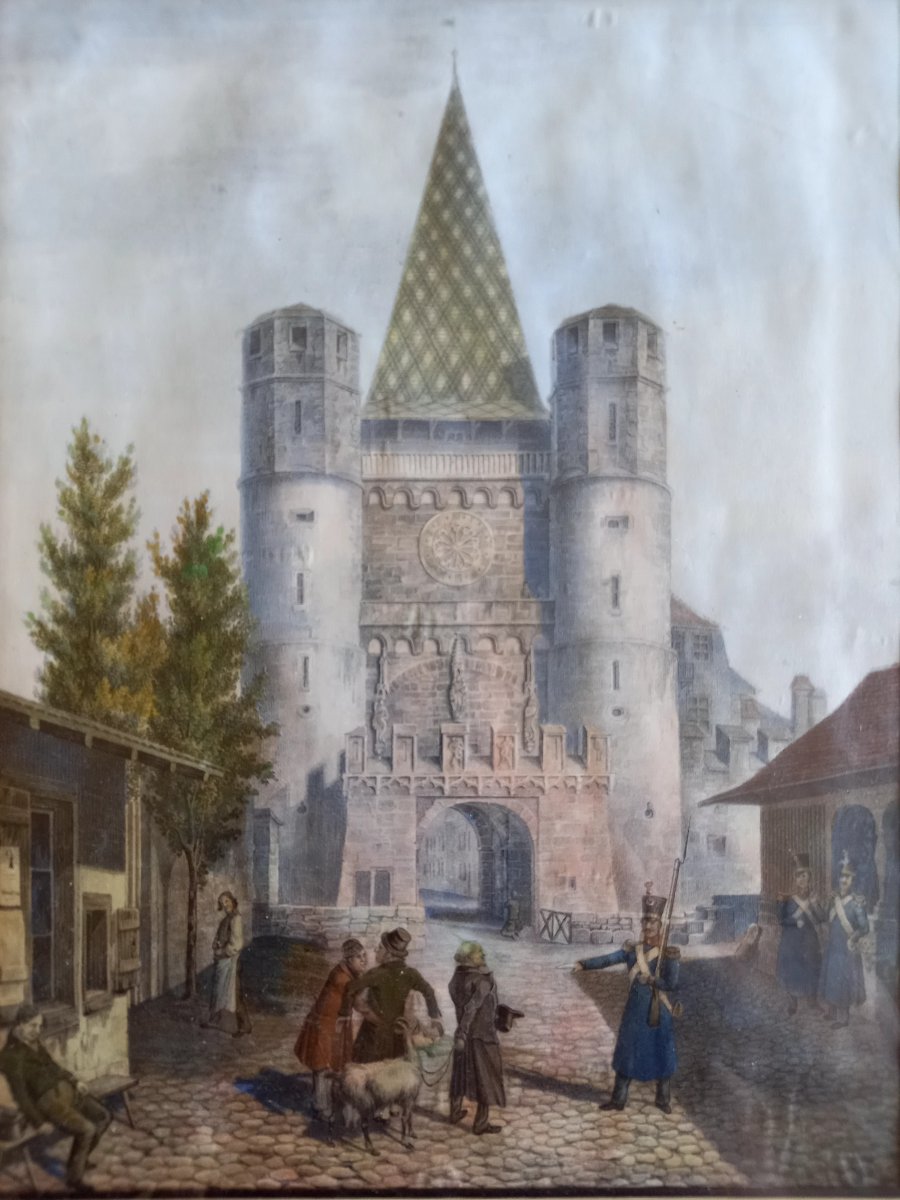 Vers 1850. Lithographie aquarellée.  Le Spalentor à Bale-photo-3