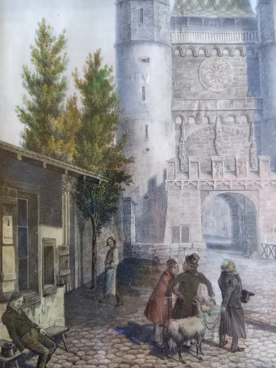 Vers 1850. Lithographie aquarellée.  Le Spalentor à Bale-photo-4