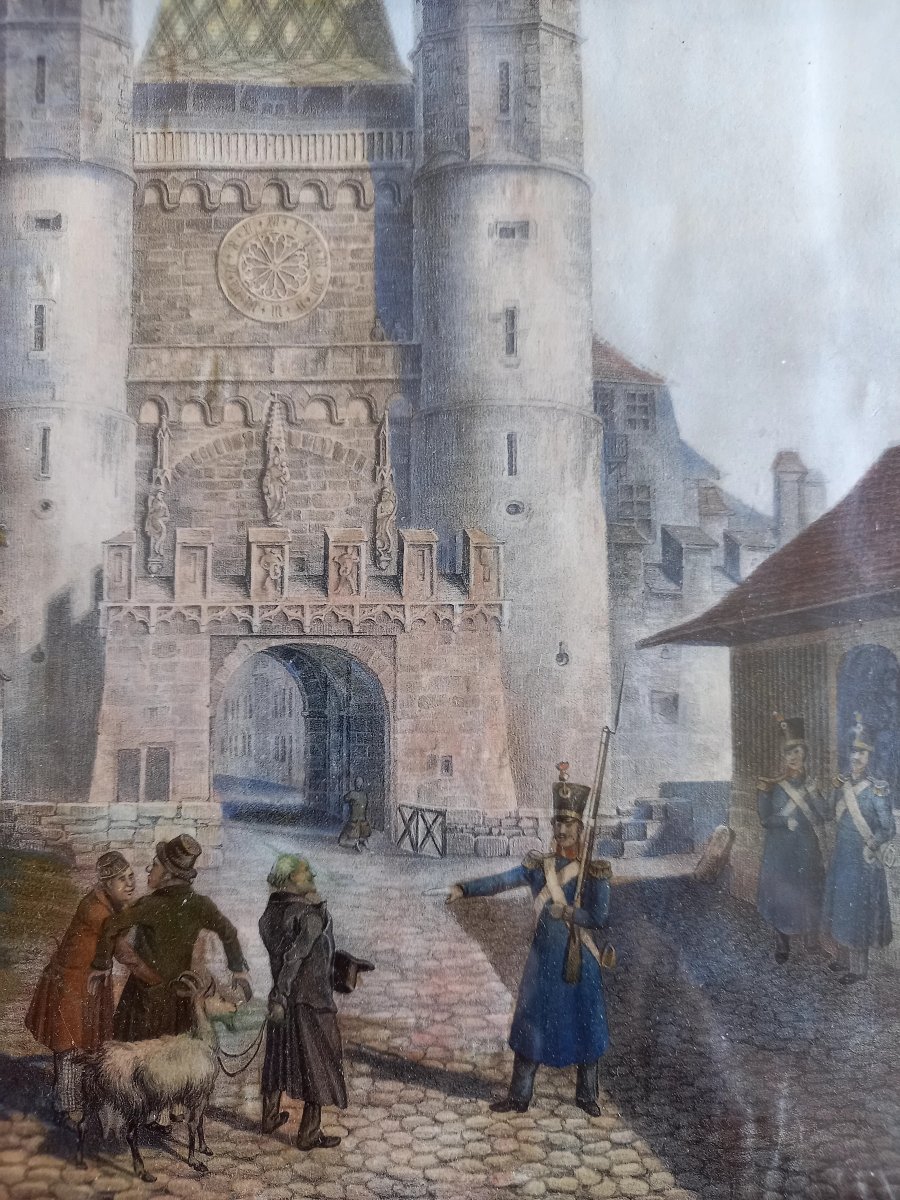 Vers 1850. Lithographie aquarellée.  Le Spalentor à Bale-photo-1