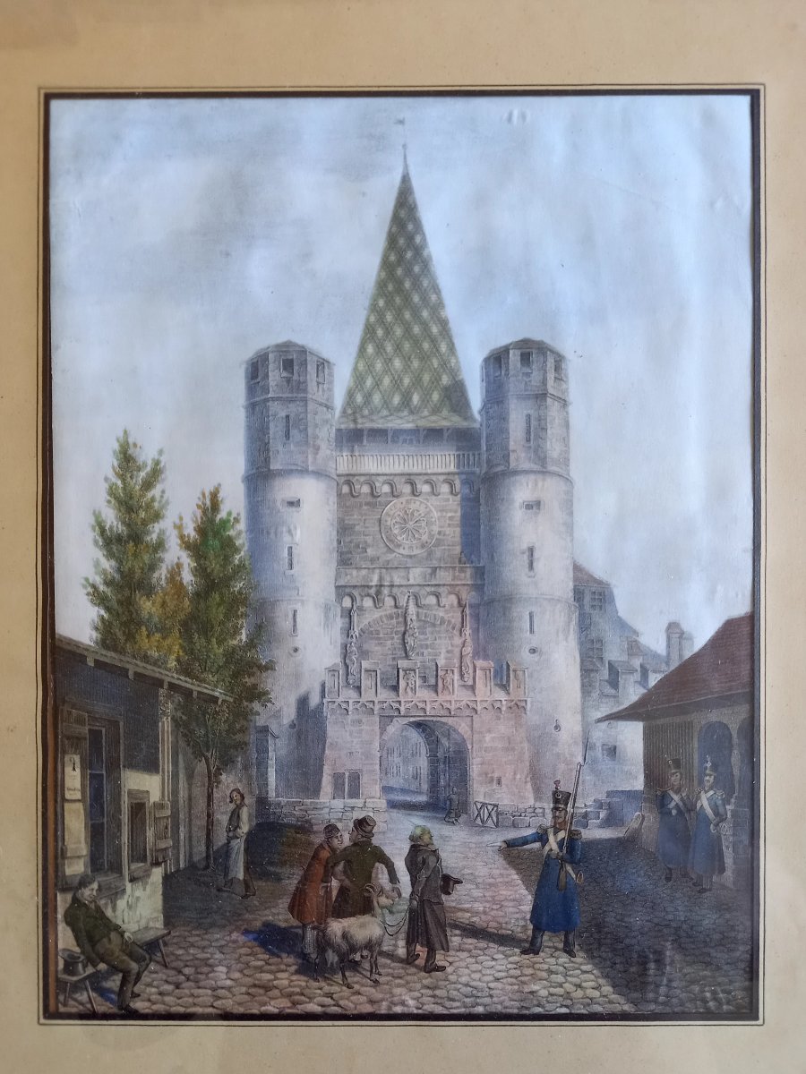 Vers 1850. Lithographie aquarellée.  Le Spalentor à Bale