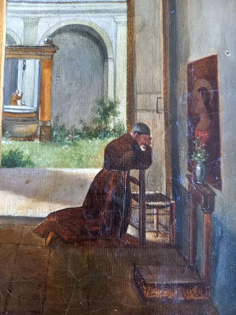 Vers 1830 .A la manière de Granet . Moine en prière à l'entrée d'un cloître -photo-2