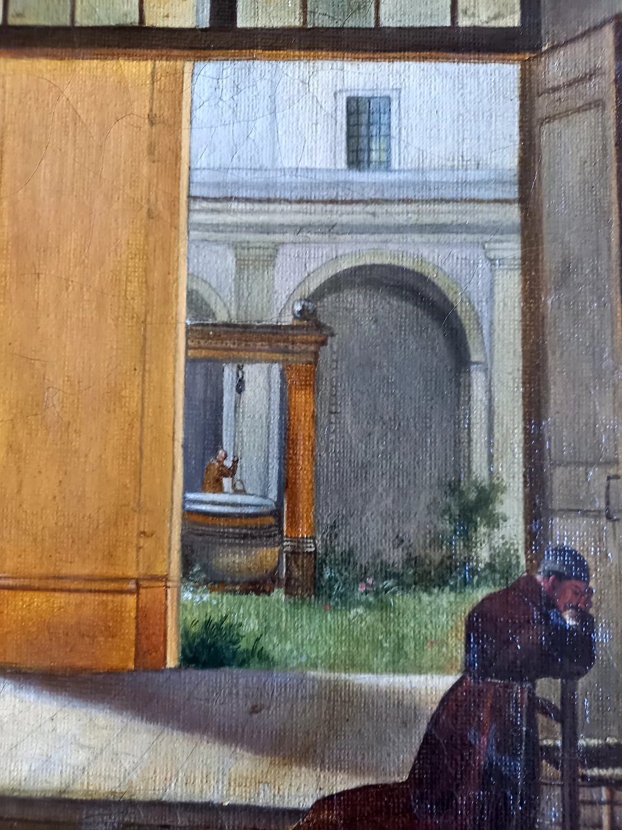 Vers 1830 .A la manière de Granet . Moine en prière à l'entrée d'un cloître -photo-4