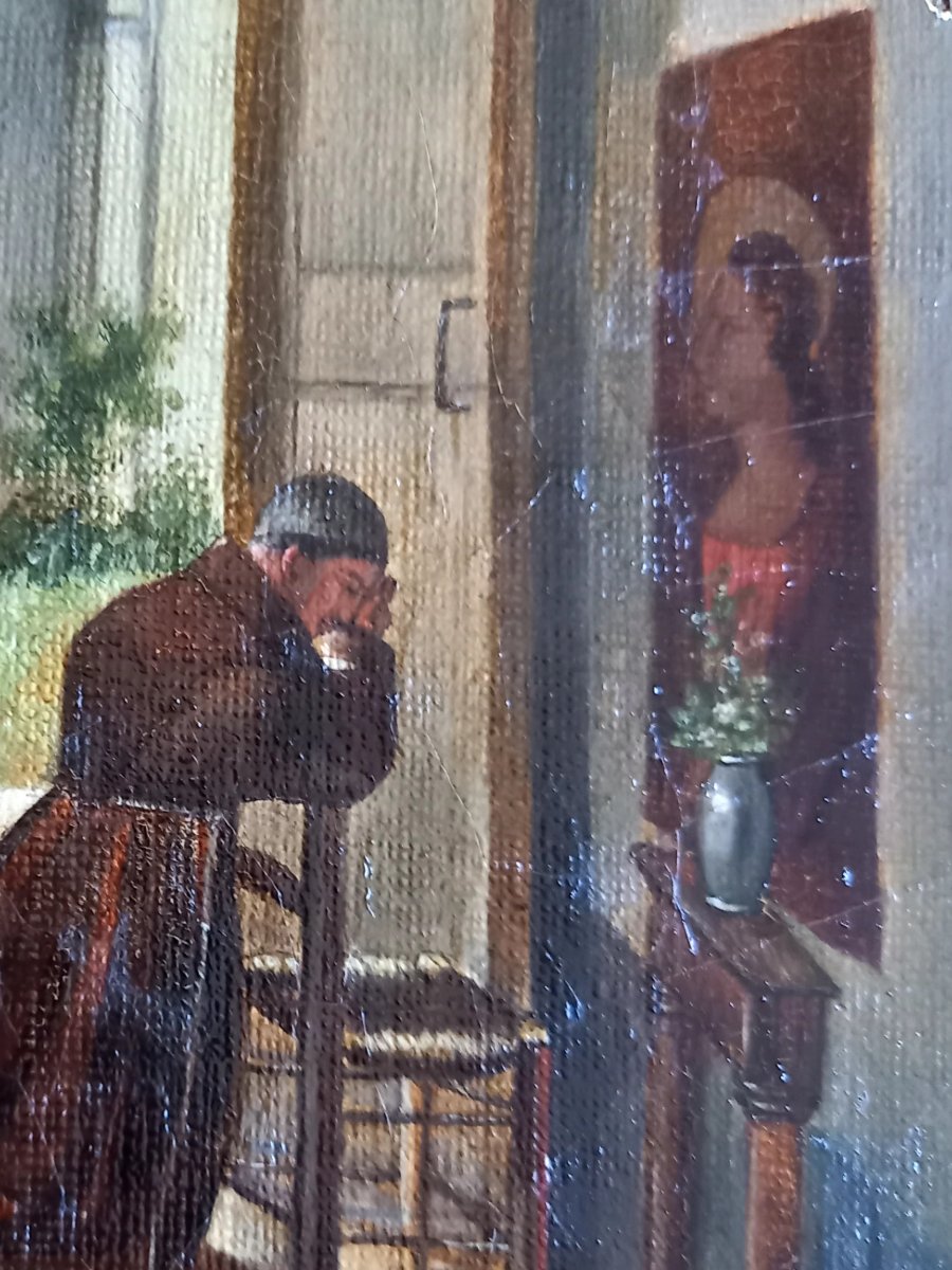 Vers 1830 .A la manière de Granet . Moine en prière à l'entrée d'un cloître -photo-1