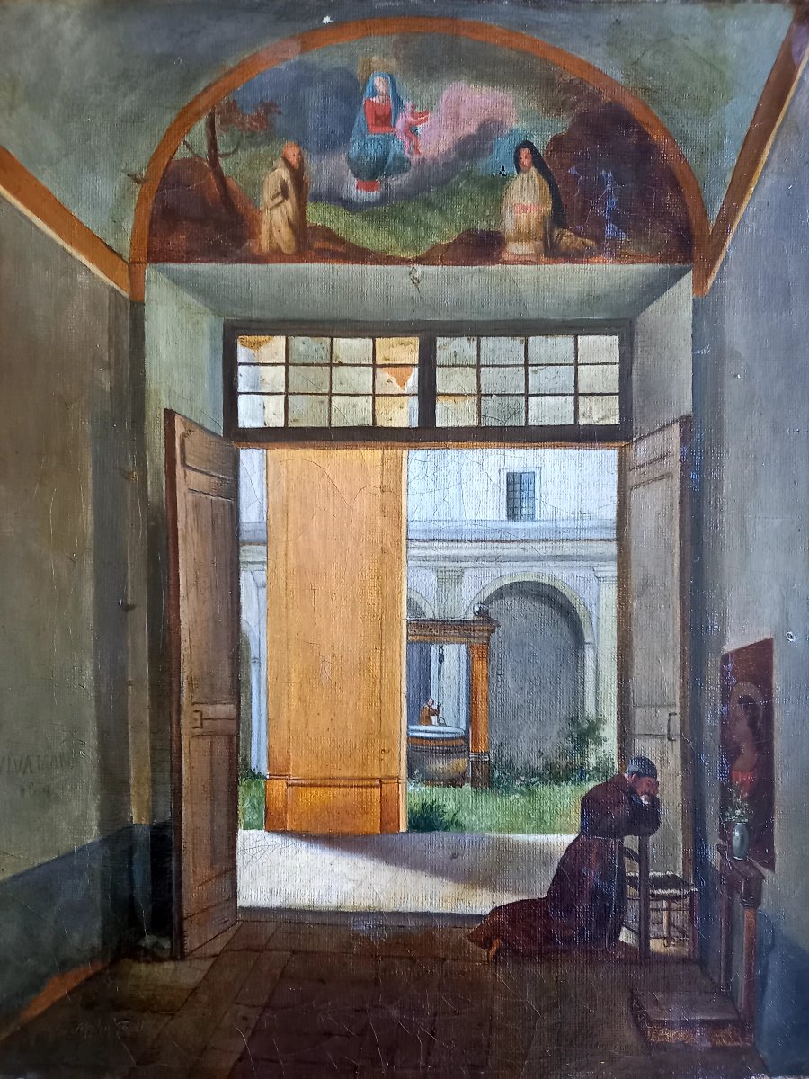 Vers 1830 .A la manière de Granet . Moine en prière à l'entrée d'un cloître 