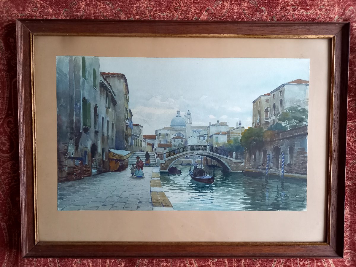 Late 19th Or Early 20th Century.  Watercolor View Of Venice -photo-2