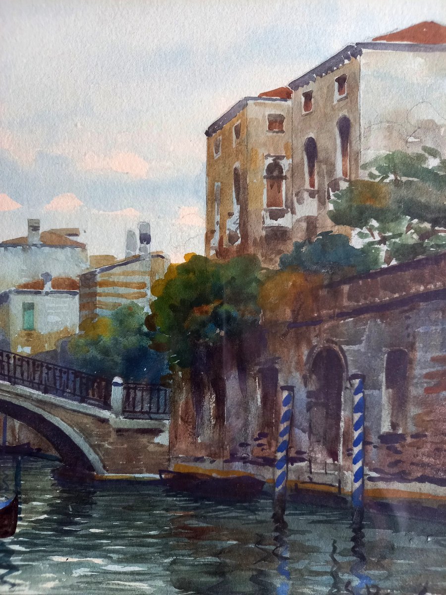 Late 19th Or Early 20th Century.  Watercolor View Of Venice -photo-2