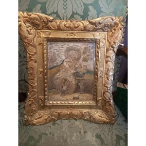 18th Century Embroidery Representing Saint Pierre Beautiful Regence Frame