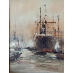 The Arrival Of A Steamer In A Port, Watercolor And Gouache