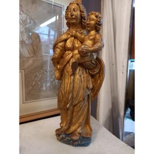 Le Vierge Marie Et l'Enfant Jésus,,bois Sculpté Debut XVIIIe 