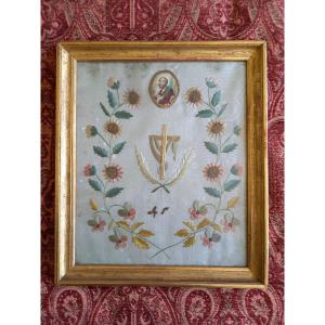 Broderie De Piété Encadrée Vers 1800