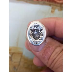 19th Century Silver Signet Ring With Coat Of Arms 