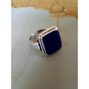 Chevalière En Argent XIXe,  Décorée d'Un Lapis Lazuli 