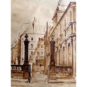 Aquarelle Vers 1940 : l'Entrée Des Beaux-arts, Paris 