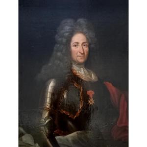 XVIIE siècle : portrait d'officier  en armure,  portant l'ordre de Saint Louis 