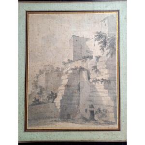 Dessin fin XVIIIE : paysage de ruines 