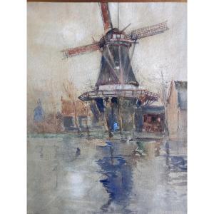 Luigini , Aquarelle : les moulins sur le canal