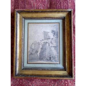 Dessin fin XVIIIE : paysage de ruines des contreforts d'une ville 