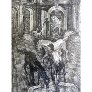 Albert Decaris. Les chevaux à l'abreuvoir 