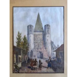 Around 1850. Watercolor Lithograph.  The Spalentor In Basel