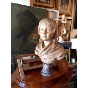 D'après Houdon,  ,  buste du Dauphin de France Louis XVII en terre cuite 