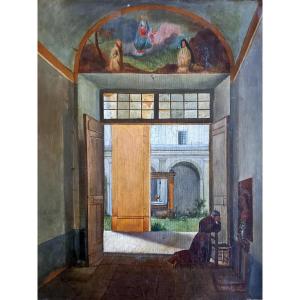 Circa 1830. In The Style Of Granet. A Monk Praying At The Entrance To A Cloister 