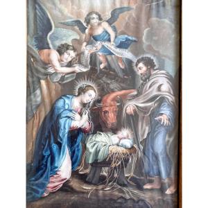 XVIIIE siècle. Gouache sur velin . La nativité d'après une gravure de L. Vorsterman