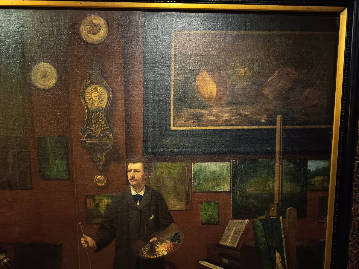 "the Painter's Studio" By Jules Seltz, 1883, Large Painting, 160 X 128 Cm -photo-2