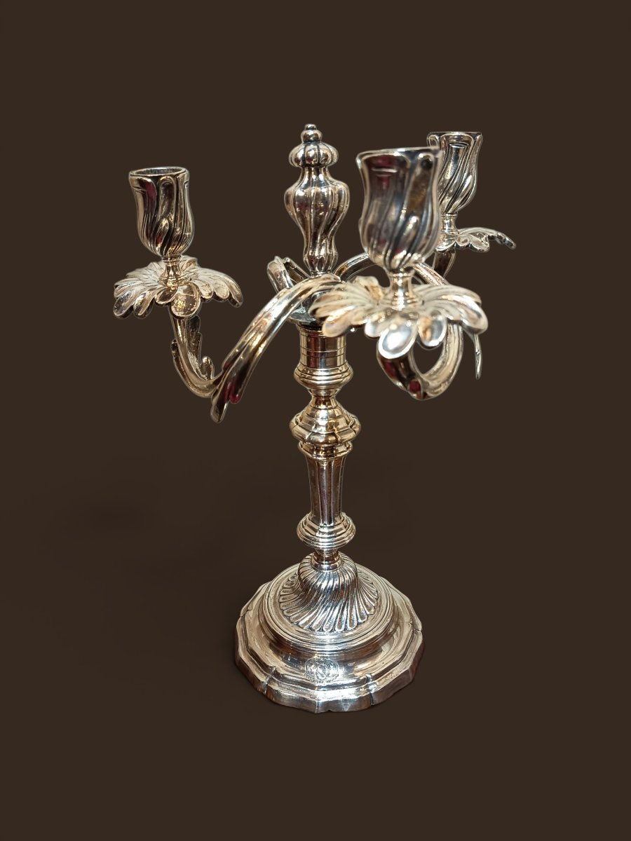 Pair Of Louis XV Candelabra In Silver-plated Bronze With Coats Of Arms -photo-2