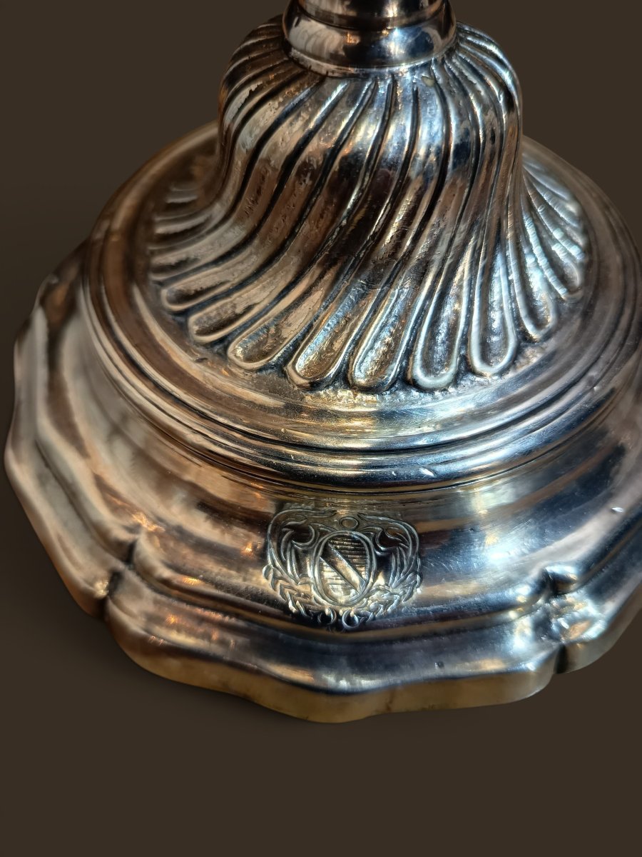 Pair Of Louis XV Candelabra In Silver-plated Bronze With Coats Of Arms -photo-2