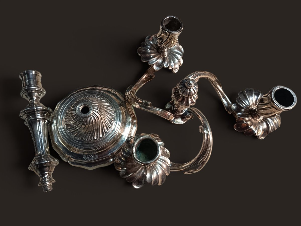 Pair Of Louis XV Candelabra In Silver-plated Bronze With Coats Of Arms -photo-3