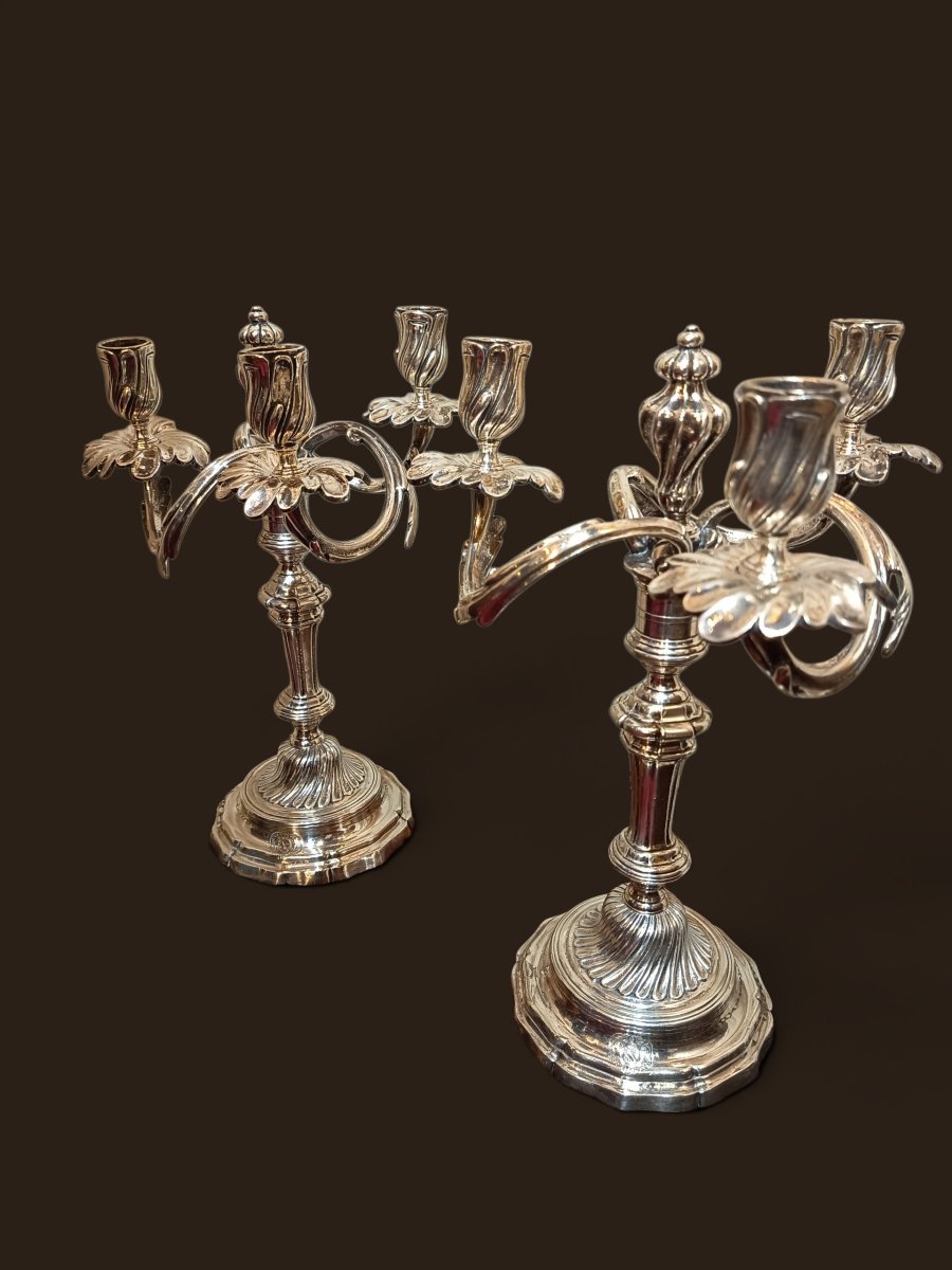 Pair Of Louis XV Candelabra In Silver-plated Bronze With Coats Of Arms 