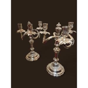 Pair Of Louis XV Candelabra In Silver-plated Bronze With Coats Of Arms 