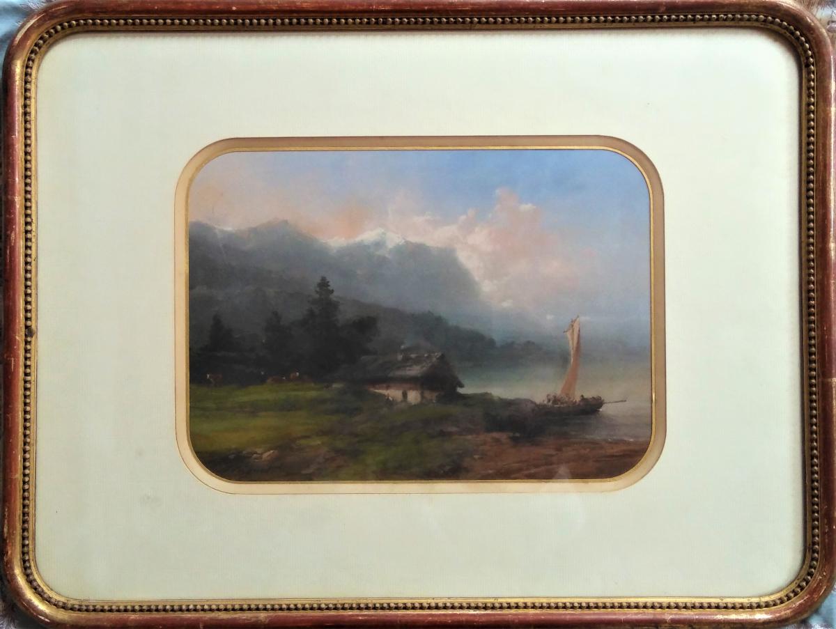 Jules Coignet, Paysage Animé "lac De Montagne Suisse", Pastel Signé-photo-2