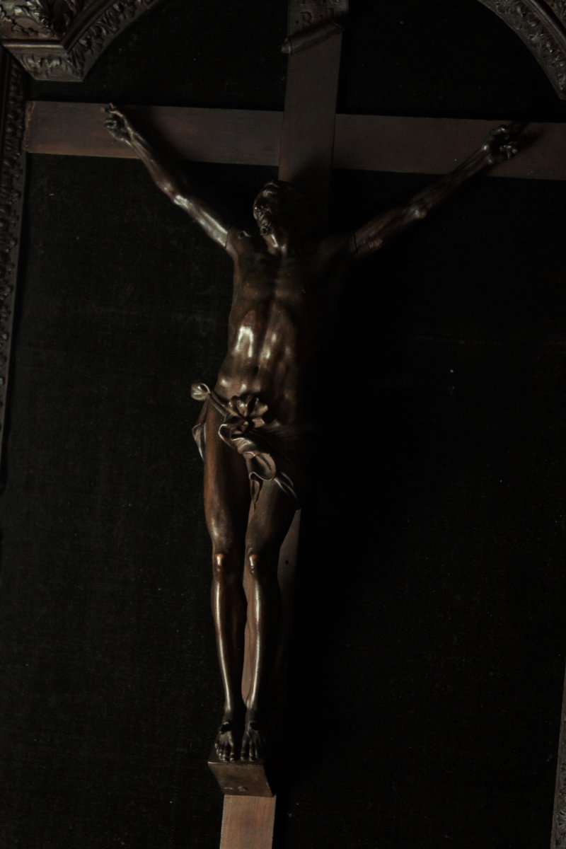 Grand Christ en croix Encadré En Bois De Sainte Lucie Sculpté d'époque Louis XIV-photo-6