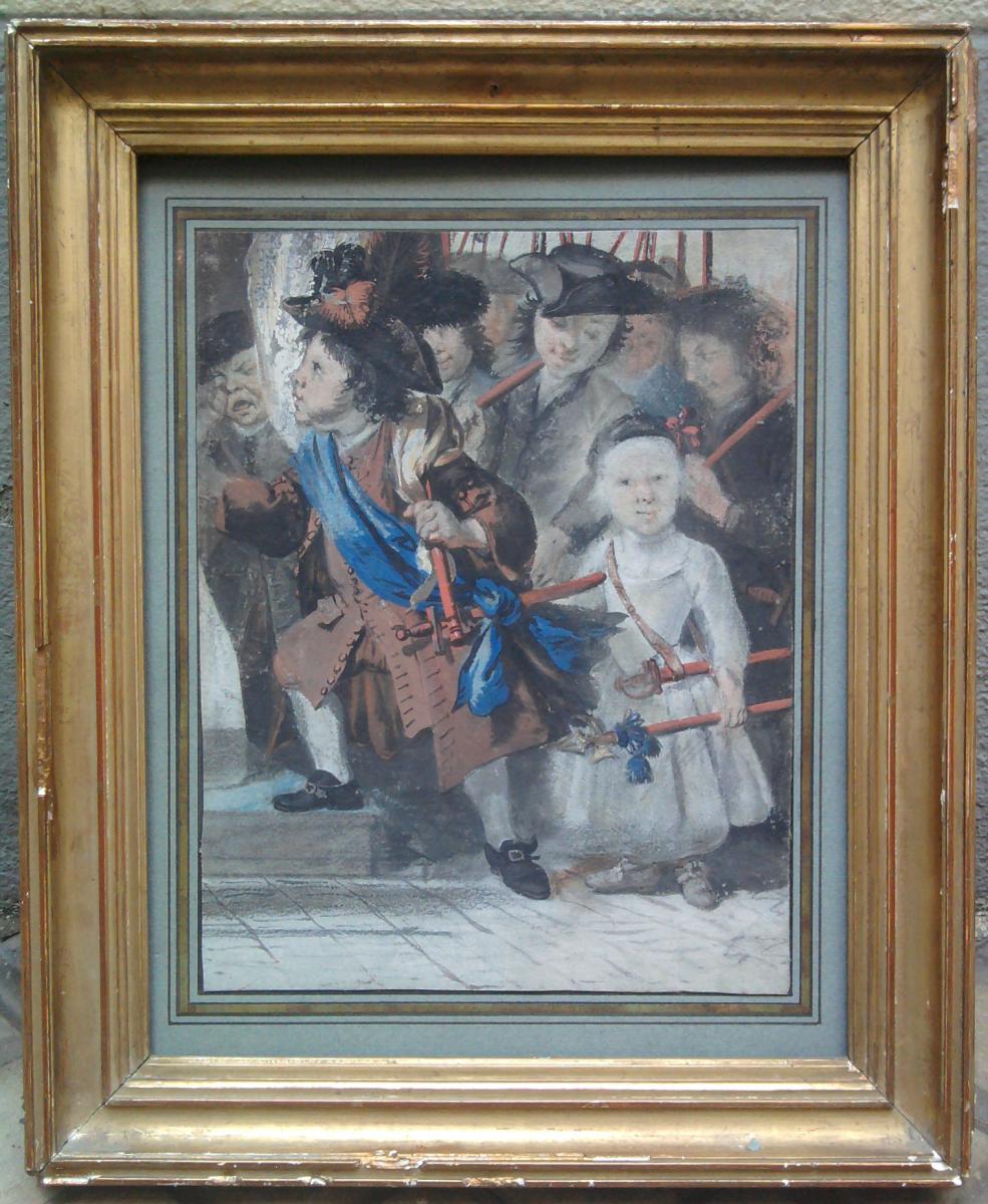 Cornelis TROOST , Enfants Déguisés, Gouache XVIIIème Siècle-photo-2