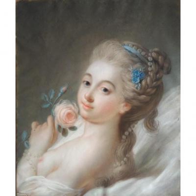 Pastel "la Jeune Fille à La Rose" Ecole Française Du XVIIIe Siècle