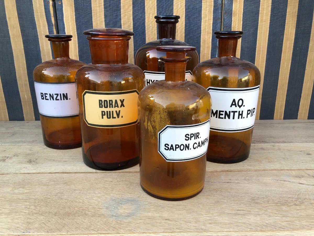 Set Of Five Amber Glass Medicine Jars