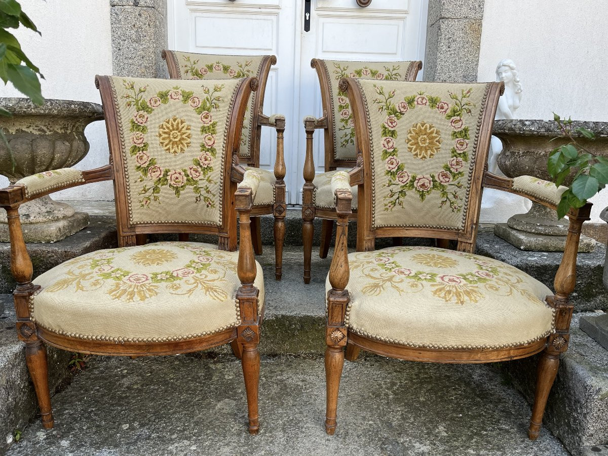 Set Of Four Directoire Period Armchairs In Walnut-photo-2
