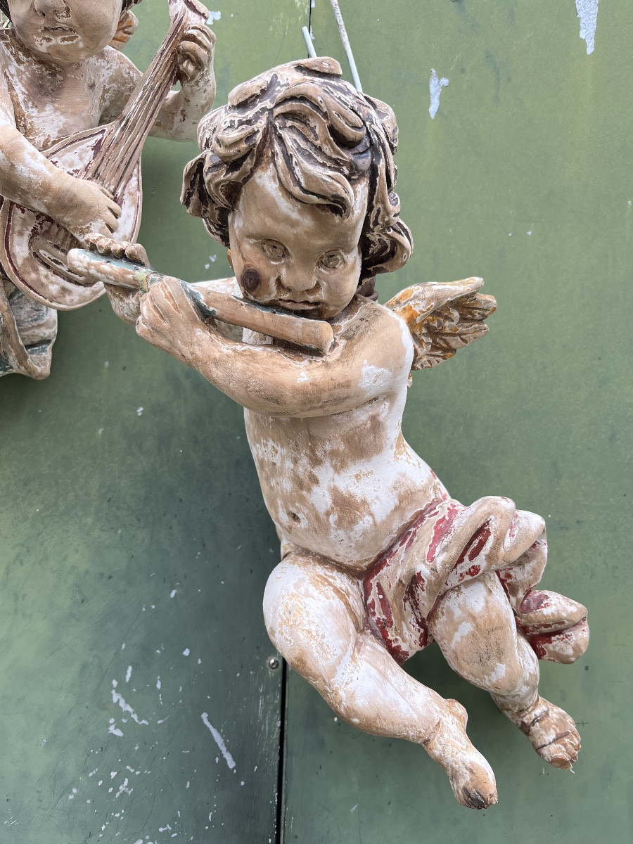 Pair Of 19th Century Painted Wooden Cherubs-photo-2