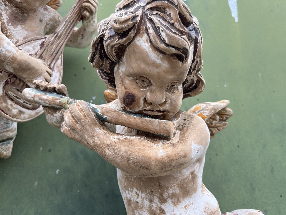 Pair Of 19th Century Painted Wooden Cherubs-photo-4