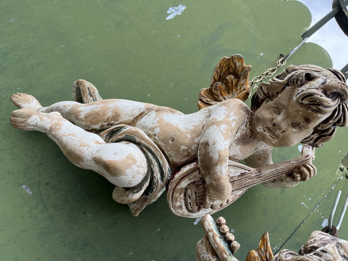 Pair Of 19th Century Painted Wooden Cherubs-photo-2