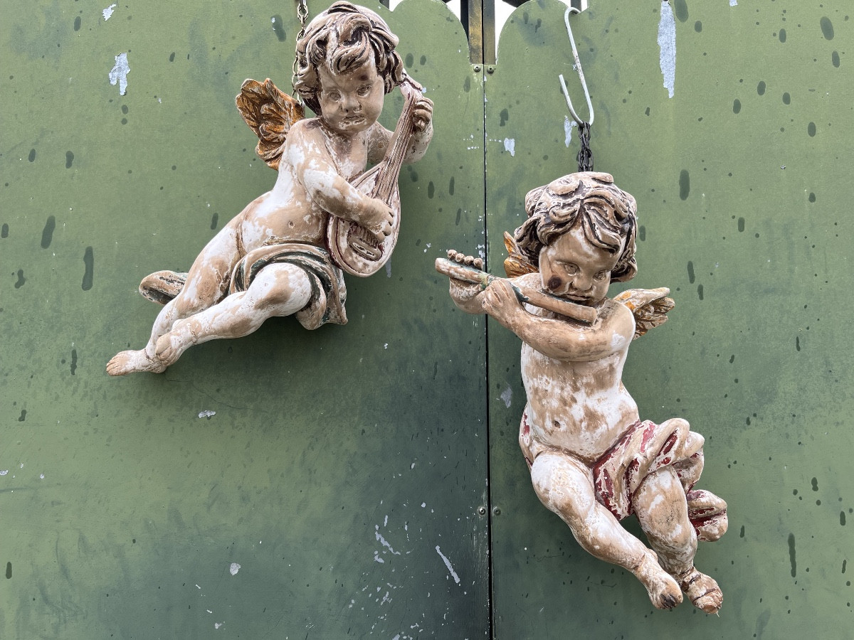 Pair Of 19th Century Painted Wooden Cherubs