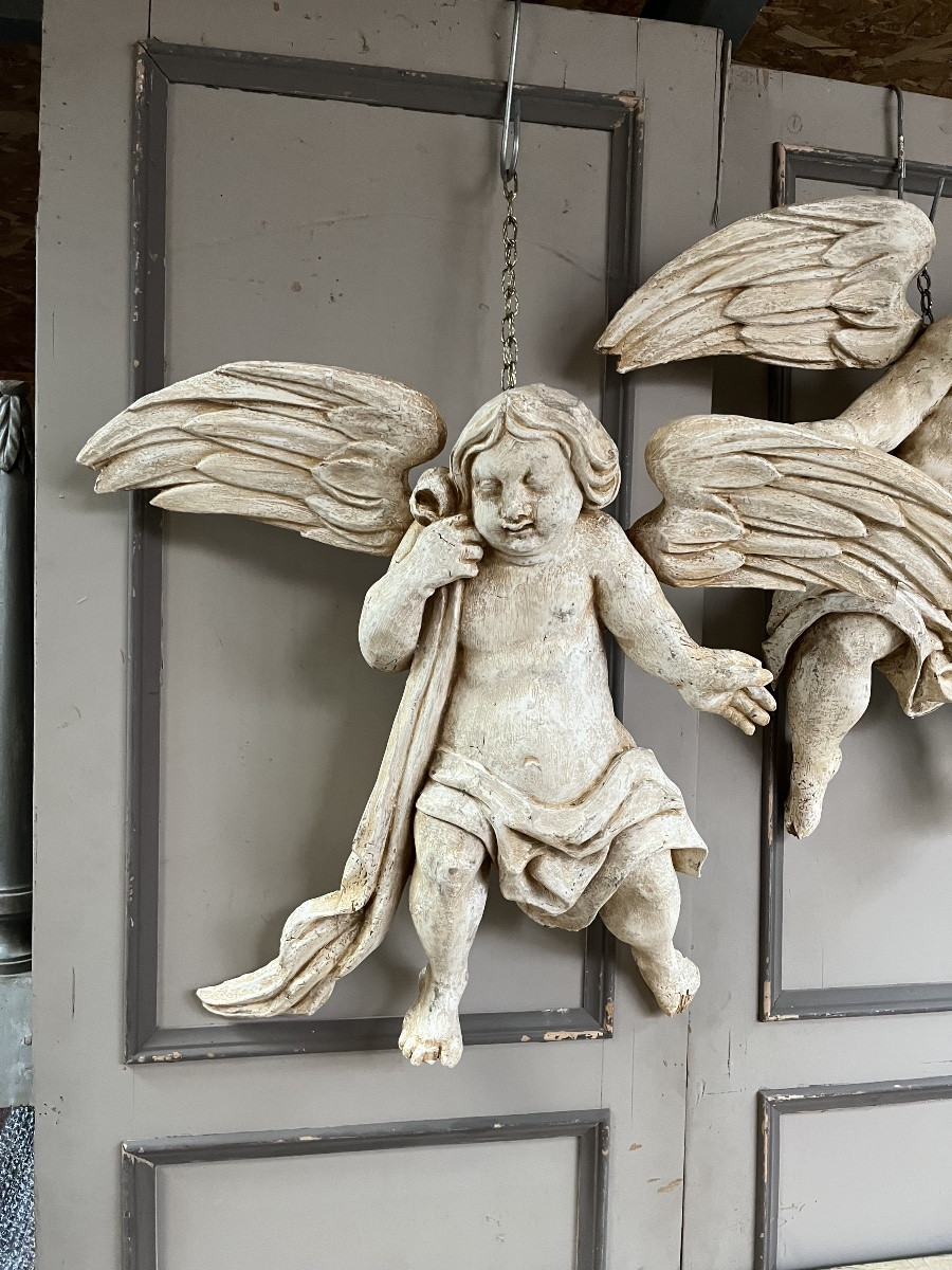 Paire d’Anges en bois peint du XVIIe-photo-2