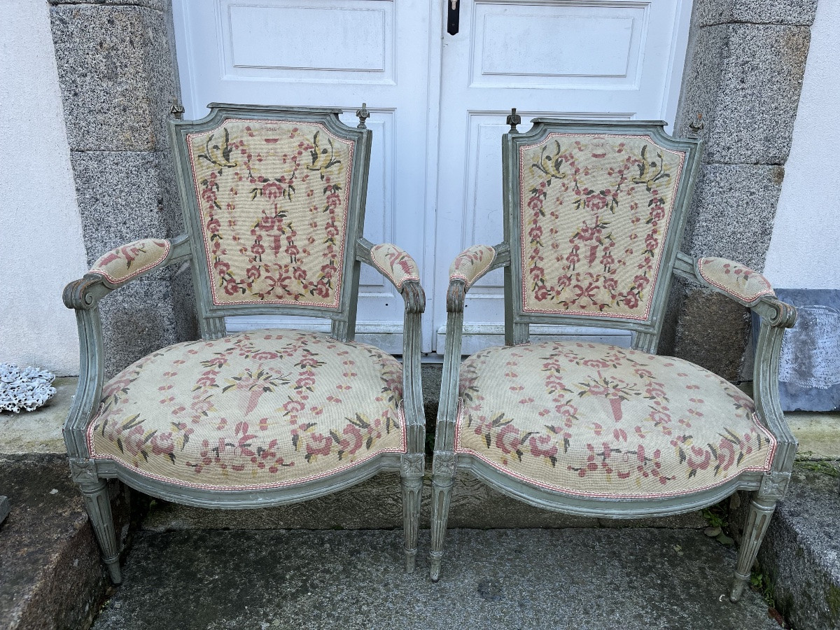 Suite de quatre fauteuils d’époque Louis XVI laqués -photo-2